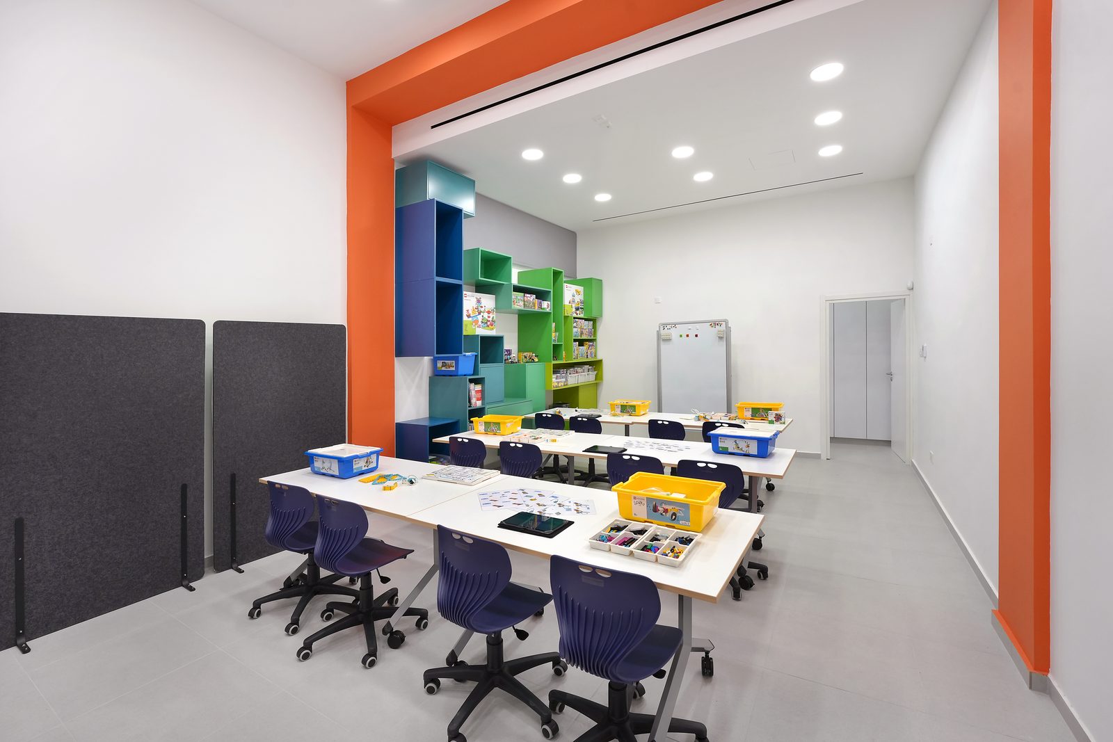 Wide view of the Stride classroom set up for a group lesson