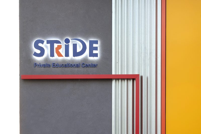 The Stride sign on the colourful front of the building
